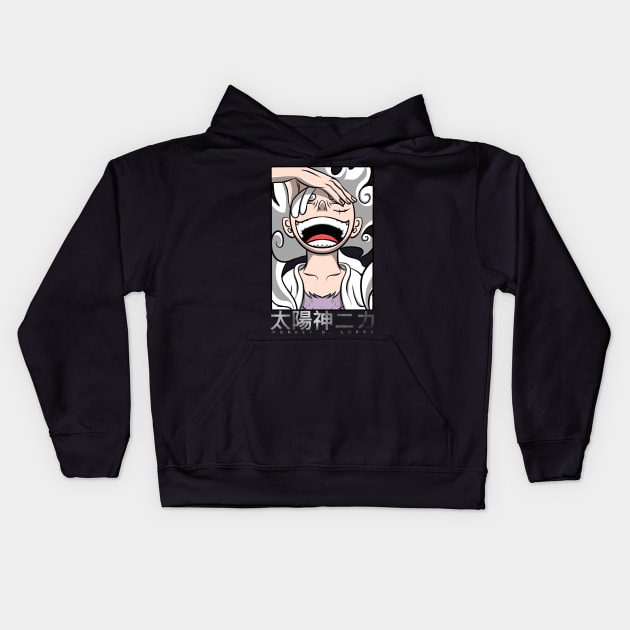 Luffy Laughing on Gear 5 Sun God Nika Mode Kids Hoodie by fandi.creations